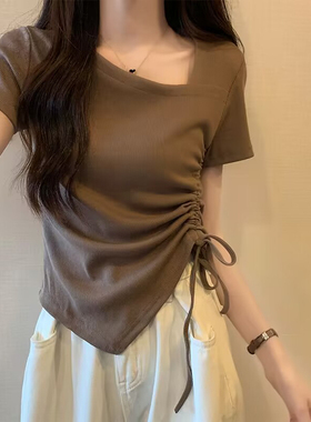 韩系chic港风抽绳短袖T恤女夏季修身显瘦不规则短款斜领半袖上衣
