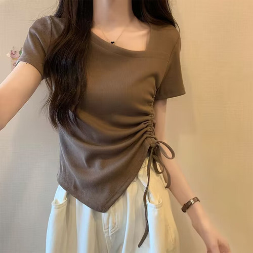 韩系chic港风抽绳短袖T恤女夏季
