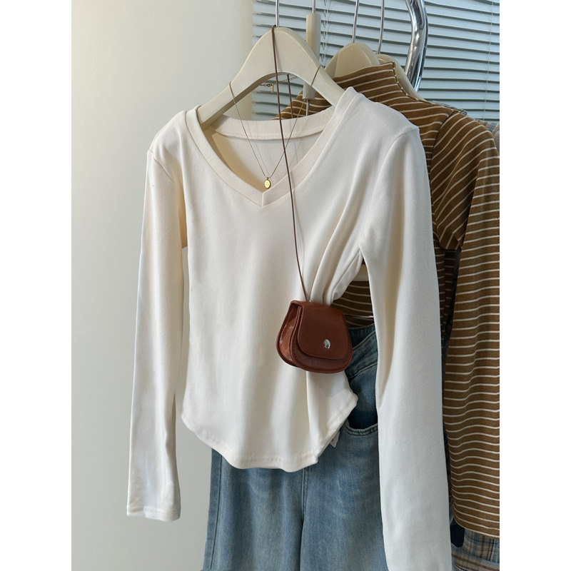 chic甜辣V领正肩长袖T恤女早秋修身韩版短款小衫内搭外穿薄款上衣,女装/女士精品,T恤,淘宝优惠券,粉丝福利购,淘宝优惠卷