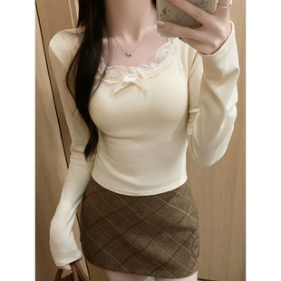德绒打底衫 短款 内搭纯欲风上衣 T恤女秋冬修身 蝴蝶结蕾丝拼接长袖