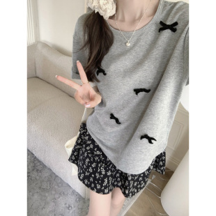 上衣潮 蝴蝶结拼接设计感小众短袖 T恤女夏季 韩版 宽松显瘦正肩半袖
