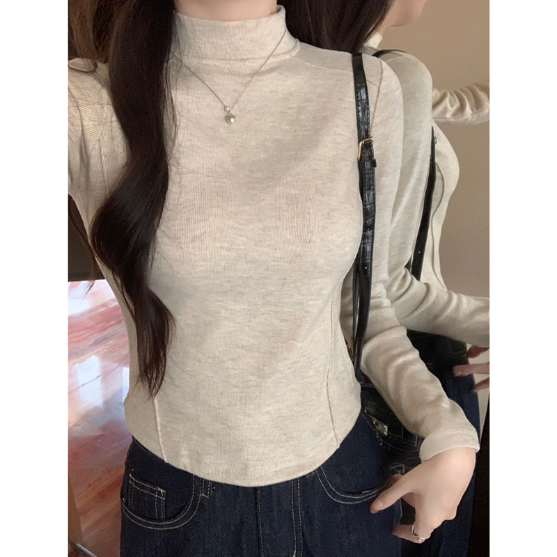 鱼骨半高领长袖T恤女秋冬季