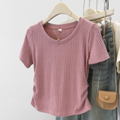 T恤女夏季 褶皱肌理感掐腰半袖 修身 短款 上衣 韩版 粉色圆领正肩短袖