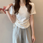 打底衫 T恤女夏修身 内搭外穿上衣 抽绳褶皱短袖 设计感小众正肩短款
