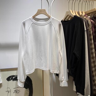 上衣服潮ins 内搭外穿秋衣小个子短款 插肩长袖 T恤女春秋宽松打底衫