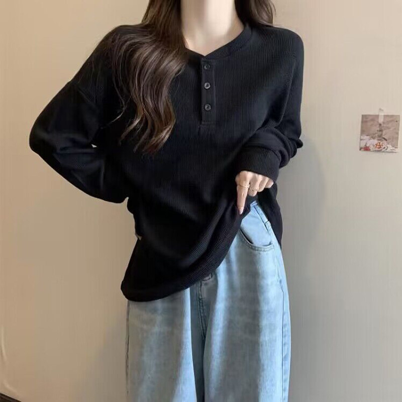 纯色简约华夫格T恤长袖女春秋装韩版宽松显瘦学生打底衫体恤上衣