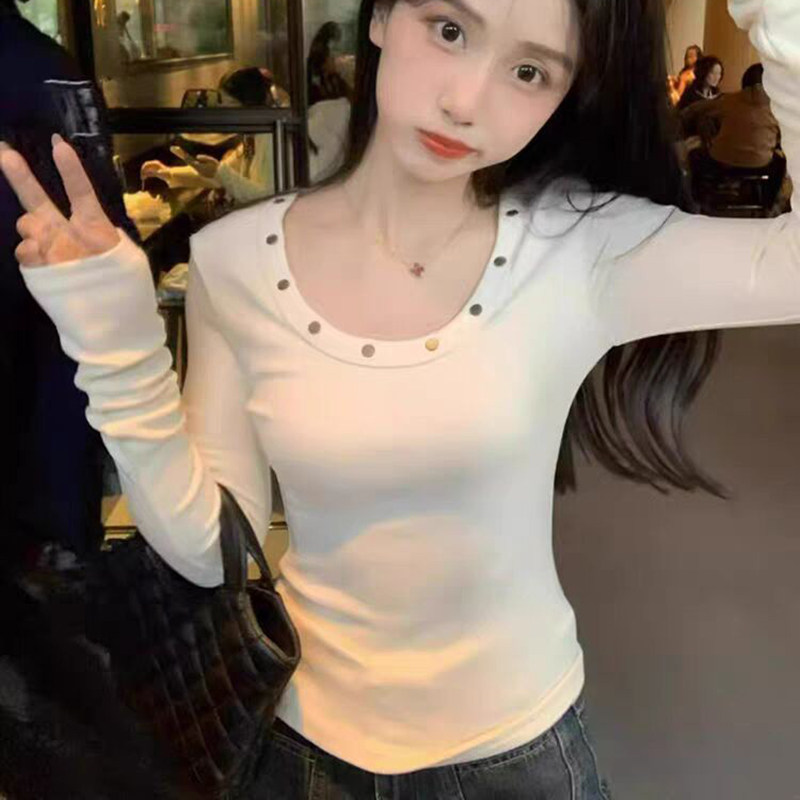 设计感小众U领正肩长袖T恤女秋冬