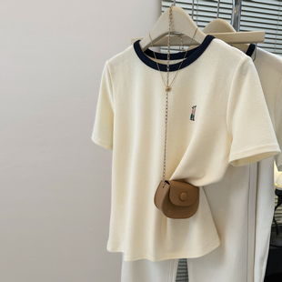 内搭打底衫 ins超火撞色圆领刺绣短袖 修身 韩版 华夫格上衣 T恤女夏季