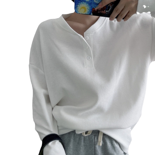华夫格长袖T恤女春秋季薄款闺蜜装潮ins宽松韩系学生内搭打底上衣
