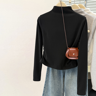 加绒加厚半高领打底衫女秋冬修身短款内搭德绒磨毛长袖T恤上衣潮