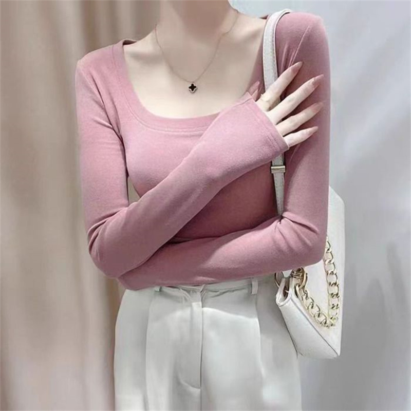 大领口U领长袖T恤女秋冬德绒磨毛