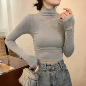 辣妹短款 T恤 德绒半高领长袖 露脐纯欲上衣女春秋冬修身 内搭打底衫