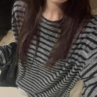 气质高级感条纹圆领长袖 外穿内搭上衣服 T恤女早秋宽松韩版 打底衫