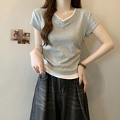 T恤女夏装 小个子半袖 修身 短款 上衣 韩版 假两件拼接设计感小众短袖