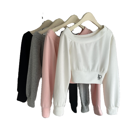 韩系甜辣妹斜领露肩卫衣女秋季