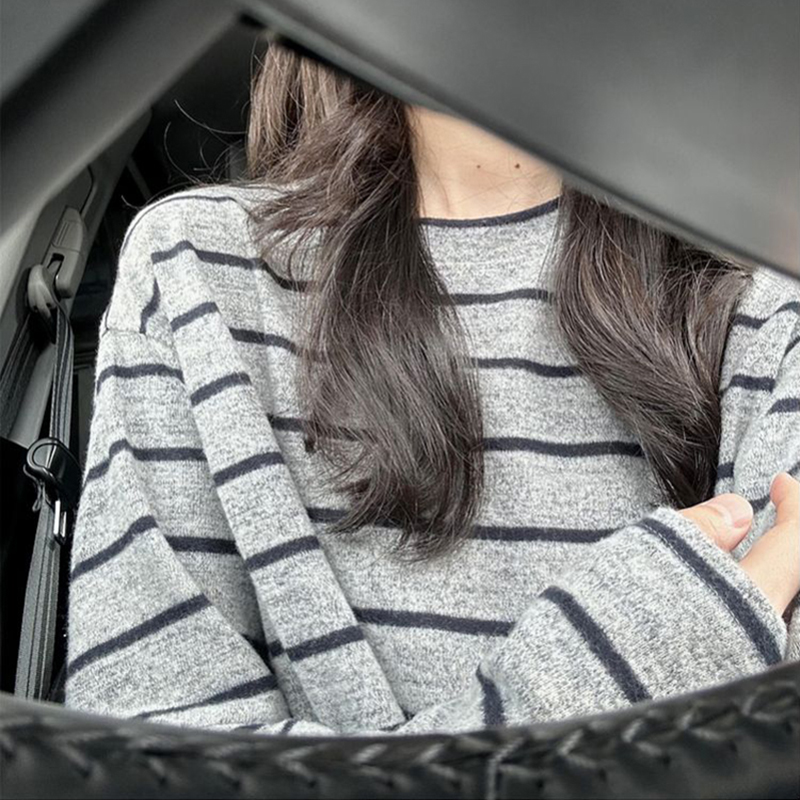 韩系慵懒条纹磨毛长袖T恤女冬季