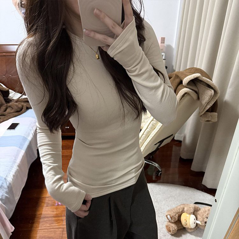 秋冬2025新款正肩圆领长袖T恤女
