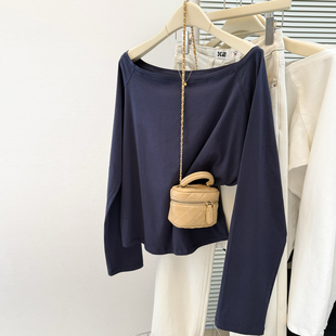 上衣 内搭外穿打底衫 设计感小众一字领露肩长袖 T恤女春秋宽松韩版