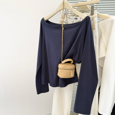 设计感小众一字领露肩长袖T恤女