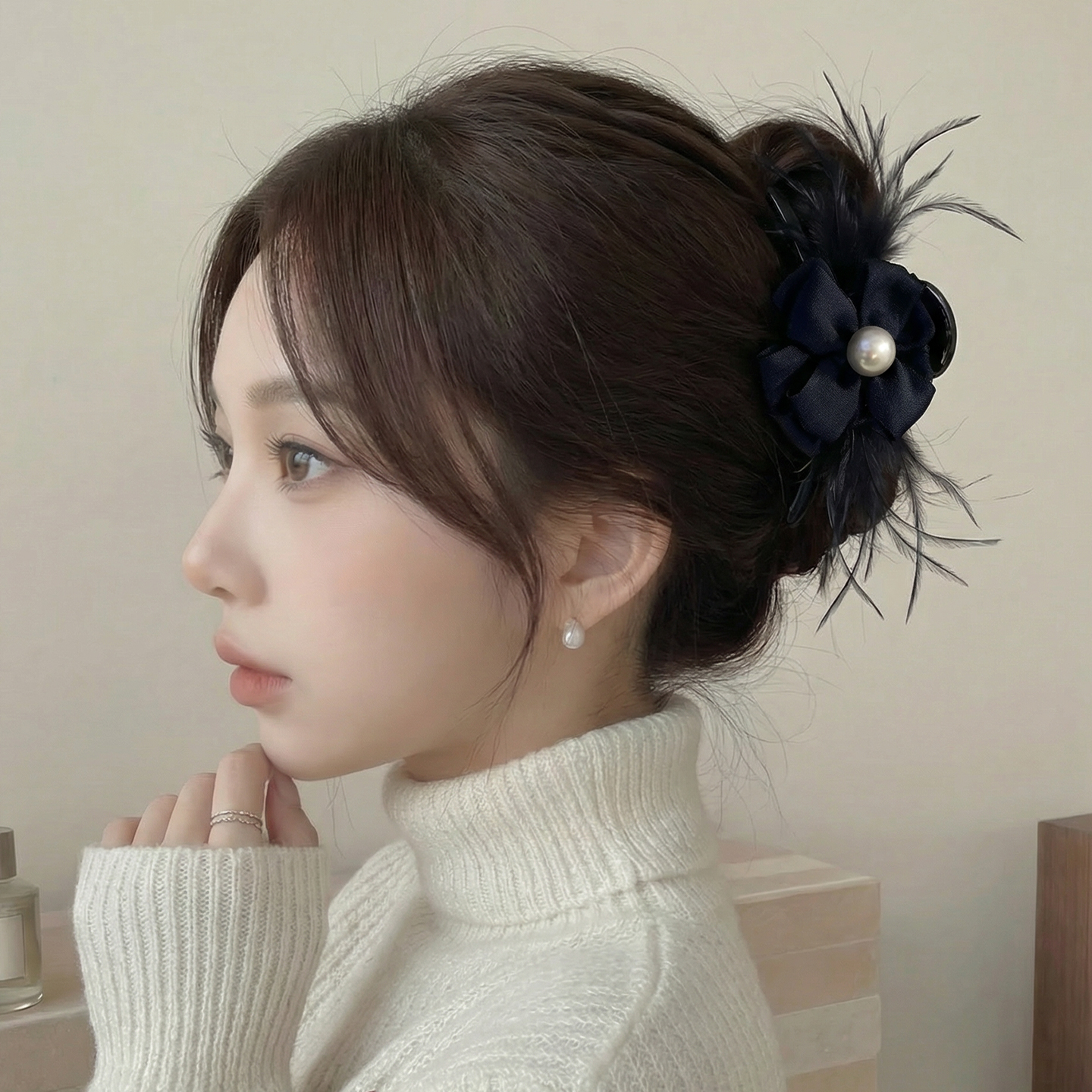 超仙羽毛花朵抓夹女款成人珍珠大号后脑勺发卡高级感气质浪漫头饰