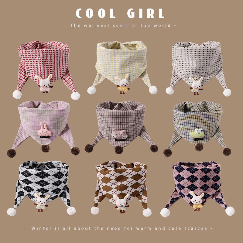 儿童围巾女童可爱格子三角巾防风保暖卡通围脖秋冬款宝宝防寒脖套