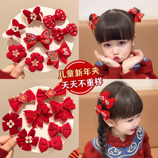 红色新年头饰红色蝴蝶结对夹儿童发夹2025蛇年甜美发卡女春节发饰