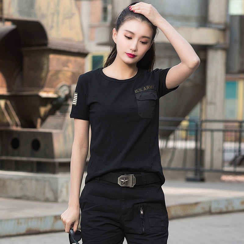 休闲女装夏季薄款圆领衫军绿色短袖T恤水兵舞蹈广场舞迷彩服女