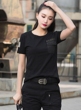 休闲女装夏季薄款圆领衫军绿色短袖T恤水兵舞蹈广场舞迷彩服女
