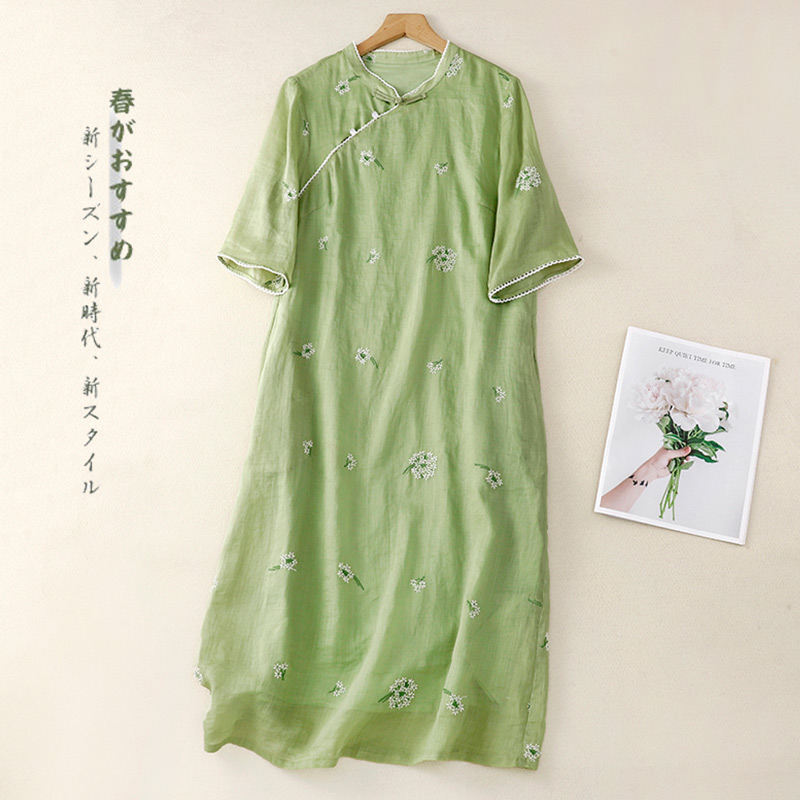 妈妈装苎麻裙子遮肚显瘦中式改良旗袍2023新款夏装薄款棉麻连衣裙