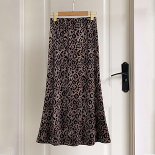 豹纹高腰裙半身裙金丝绒鱼尾裙女2025秋冬新款 百搭显瘦醋酸长裙子