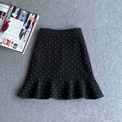毛呢波点半身裙秋冬荷叶边百褶裙