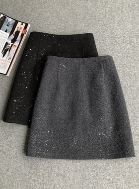 黑色毛呢半身裙亮片短裙闪闪星河气质高腰A字星空包臀裙显瘦短裙