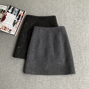 黑色毛呢半身裙亮片短裙闪闪星河气质高腰A字星空包臀裙显瘦短裙