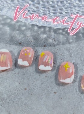 Vivacity 日常氛围感手绘可爱穿戴甲透粉短方圆小红书美甲指甲片