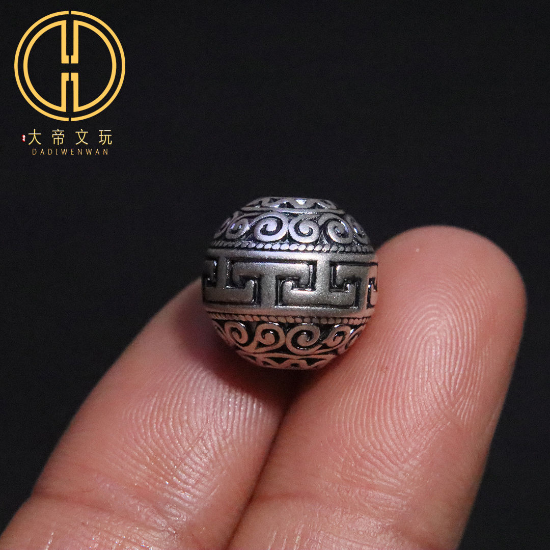 原创足银999纯银回纹雕花圆珠隔珠散珠菩提手链手串diy文玩配饰