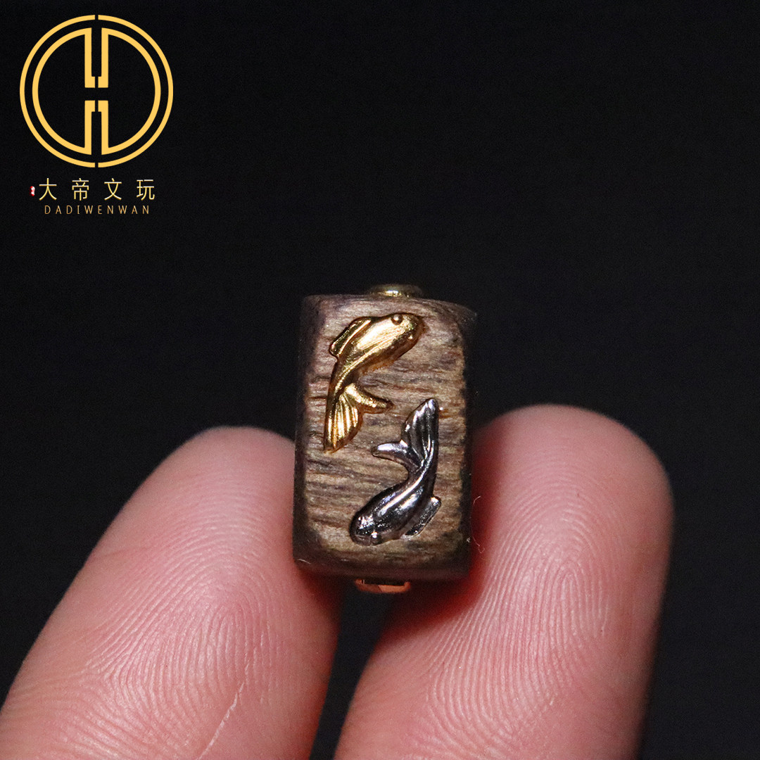 纯银s925天然沉香木镶嵌阴阳双鱼方桶珠隔珠散珠菩提手串diy配饰