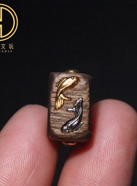 纯银s925天然沉香木镶嵌阴阳双鱼方桶珠隔珠散珠菩提手串diy配饰