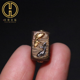 纯银s925天然沉香木镶嵌阴阳双鱼方桶珠隔珠散珠菩提手串diy配饰