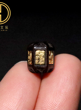原创s925银镀金天然沉香木镶嵌聚财咒六面桶珠散珠diy配饰手串珠