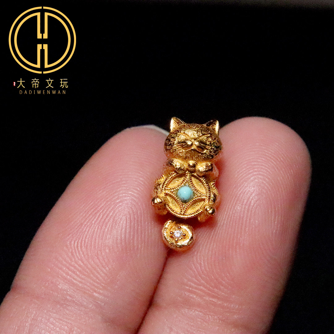 原创925纯银镀金招财猫镶嵌绿松隔珠顶珠挂件手链手串项链diy配饰
