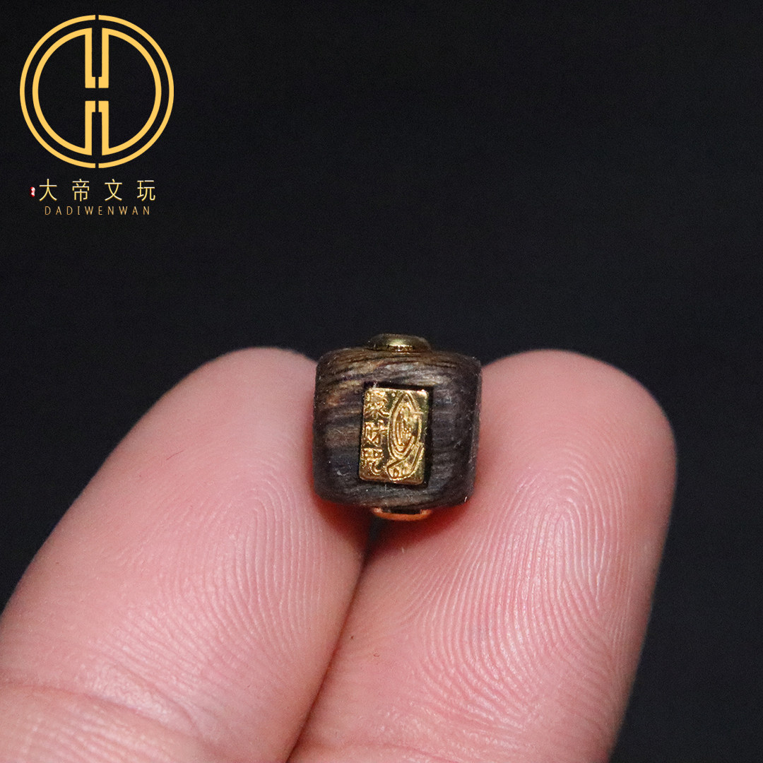 原创S925银镀金天然沉香木聚财咒方桶珠镶嵌方型桶珠散珠DIY配饰