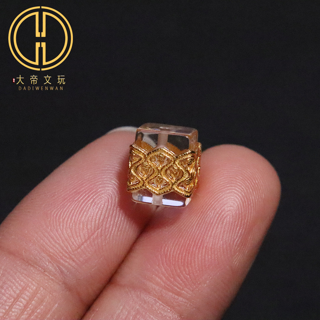 纯银s925银镀金天然白水晶镶嵌无相佛方糖隔珠手串编绳diy配饰