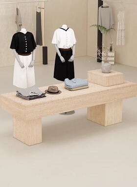 服装店中岛台女装店铺中间流水台简约现代洞石纹展示桌鞋包陈列柜