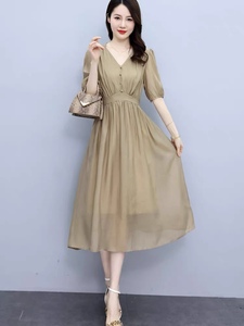 RY1865#天丝连衣裙女欧货夏季高级感法式高腰显瘦泡泡袖惊艳长裙