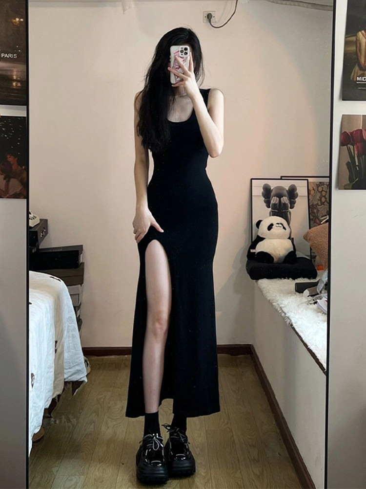 修身性感御姐风长裙开叉新款辣妹黑色吊带洋装子女装夏季包臀裙