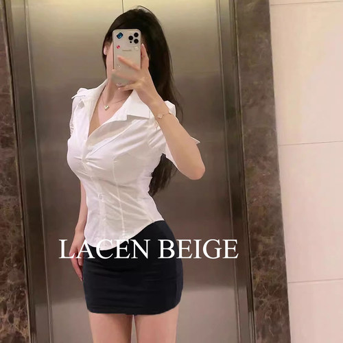 收腰白衬衫女职业工作服套装夏修身性感短袖衬衣设计感秘书OL制服