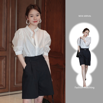 夏装女流行搭配一整套显瘦轻奢高级感小香风时尚衬衫短裤套装职业