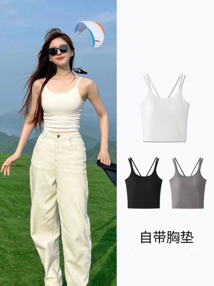 纯欲白色U领带胸垫吊带背心女夏季修身抹胸内搭打底美背甜辣上衣