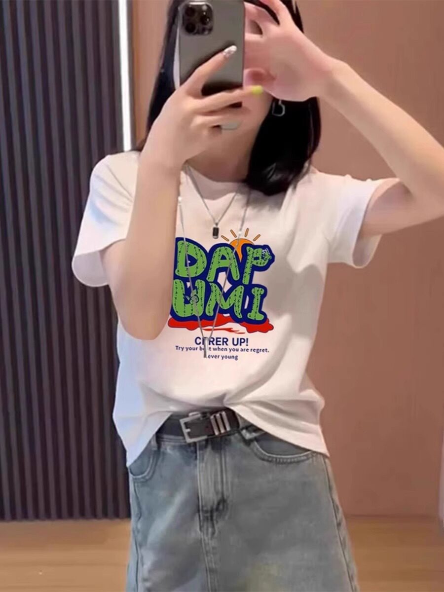 白色纯棉正肩短袖T恤女2025夏装新款欧货小衫时尚印花体恤上衣潮