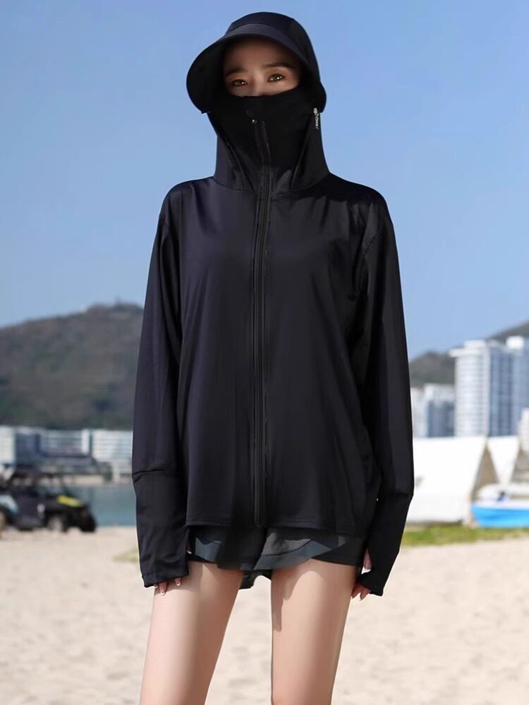 冰丝凉感黑色防晒衣帽子面罩一体女夏季薄款防紫外线防晒服upf50+
